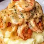 Creamy garlic shrimp served on fluffy mashed potatoes for a delicious meal.