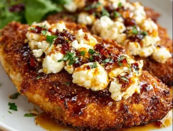 Crispy hot honey feta chicken garnished with herbs and served on a plate