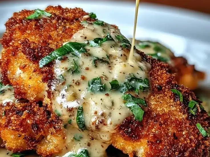 Crispy Parmesan Chicken drizzled with rich garlic sauce on a plate