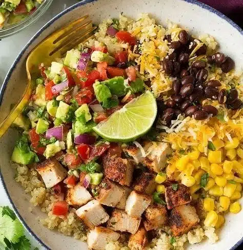 Grilled Chicken and Quinoa Burrito Bowls with Avocado Salsa