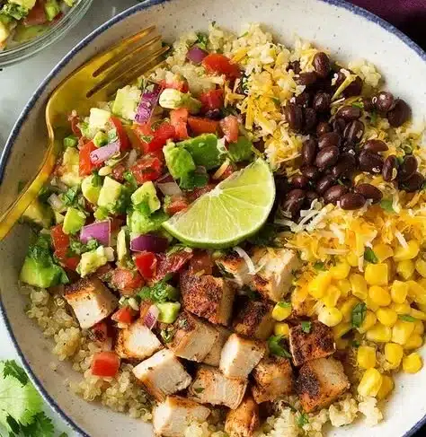 Grilled Chicken and Quinoa Burrito Bowls with Avocado Salsa