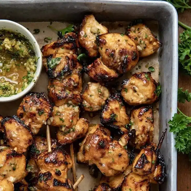 Honey Garlic Chicken Skewers marinated in a sweet and savory sauce