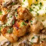 Delicious Chicken Stroganoff served with creamy sauce and mushrooms on a plate.