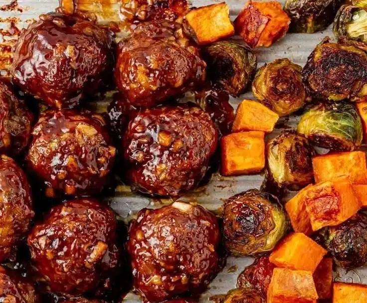 Korean BBQ Meatballs with Brussels Sprouts and Sweet Potatoes