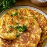 Crispy mashed potato pancakes served on a plate with garnish