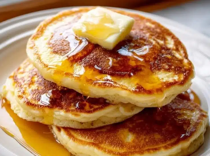 Old-fashioned pancakes stacked and topped with syrup and berries