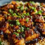 One-pan honey BBQ chicken and rice dish on a plate, garnished and ready to serve.