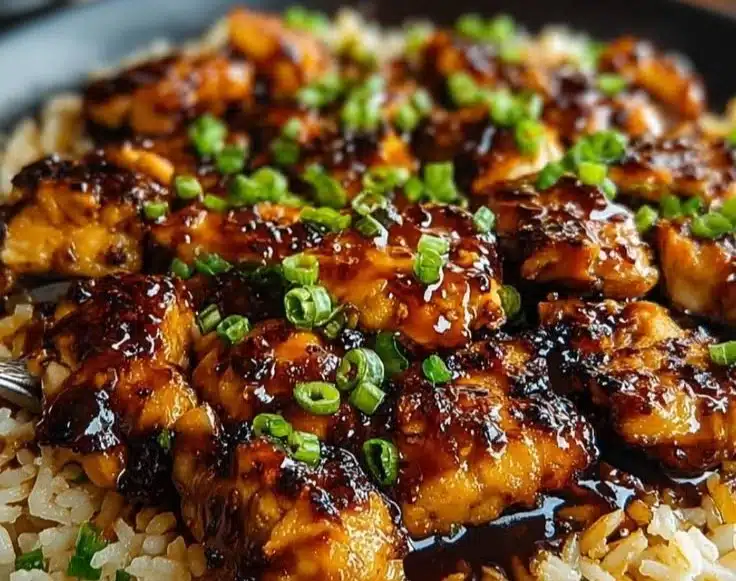 One-pan honey BBQ chicken and rice dish on a plate, garnished and ready to serve.