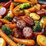 One-pan honey garlic kielbasa and assorted veggies served in a skillet