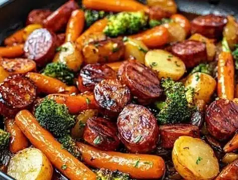 One-pan honey garlic kielbasa and assorted veggies served in a skillet