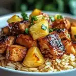 A vibrant plate of Pineapple Chicken served with fluffy rice and colorful veggies.