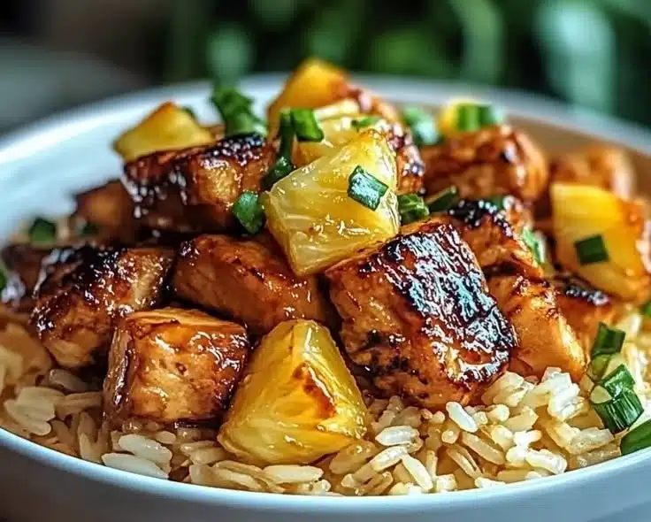 A vibrant plate of Pineapple Chicken served with fluffy rice and colorful veggies.