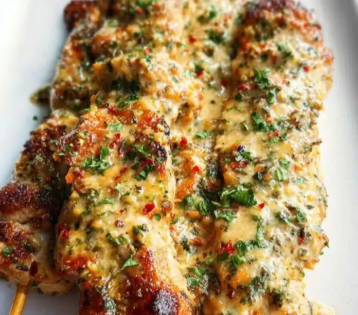 Delicious Ranch Garlic Parmesan Chicken Skewers ready for grilling.