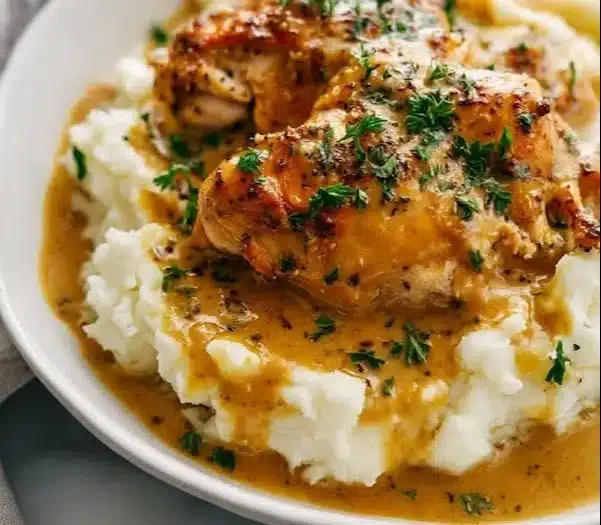 Slow Cooker Honey Mustard Chicken served with vegetables on a plate
