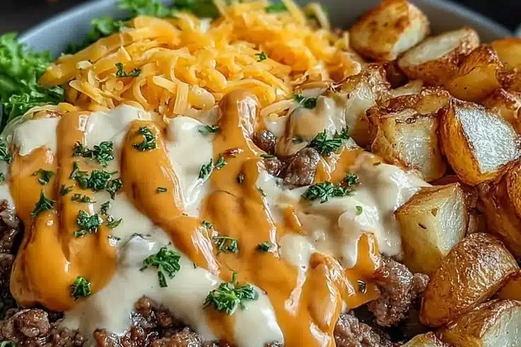 Delicious Smash Burger Bowl with fresh ingredients and beef patty