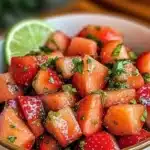 Strawberry watermelon salad drizzled with honey for a refreshing summer dish.