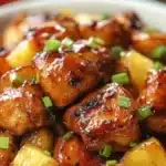 Deliciously glazed Sweet & Sticky Pineapple Bourbon Chicken on a serving plate