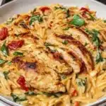 Delicious Tuscan Chicken with spinach and sun-dried tomatoes served on a plate