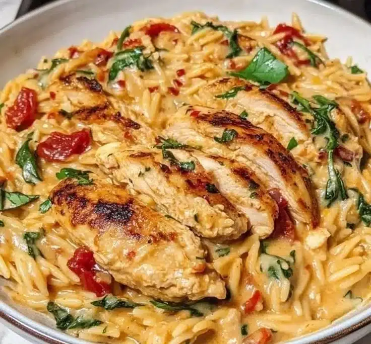 Delicious Tuscan Chicken with spinach and sun-dried tomatoes served on a plate