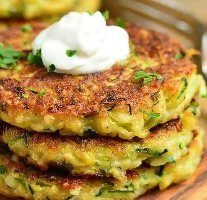 Crispy zucchini fritters served with dipping sauce on a plate